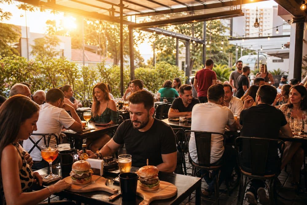 Terraço de restaurante e hamburgueria movimentado em Franca